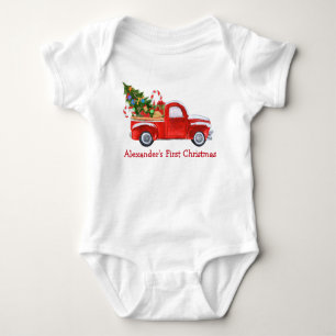 Baby eerste kersttruck snoepjes rood romper