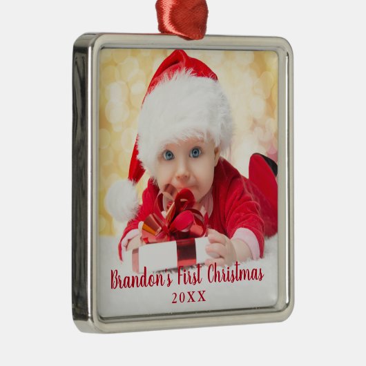 Baby eerste kerstvierkant met rood script metalen ornament (Rechts)