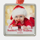 Baby eerste kerstvierkant met rood script metalen ornament (Voorkant)
