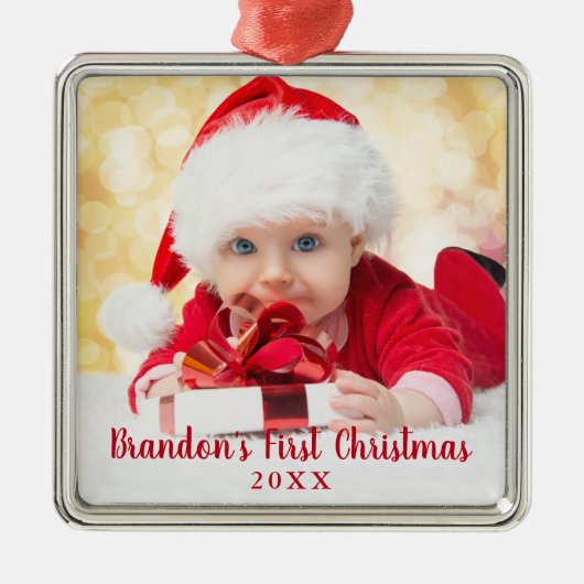 Baby eerste kerstvierkant met rood script metalen ornament (Voorkant)