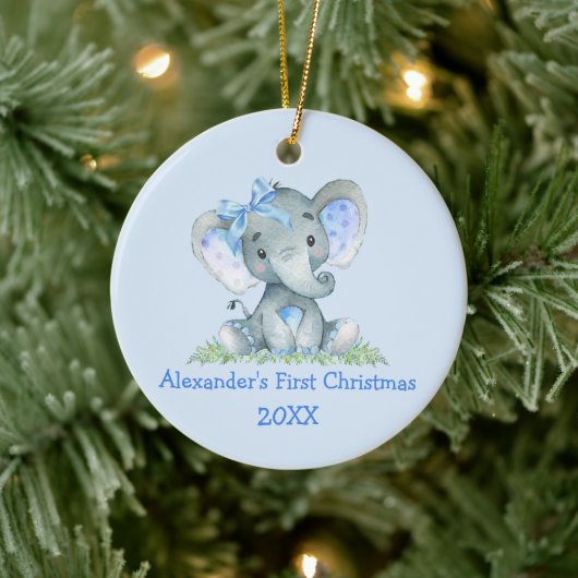Baby eerste kerstWaterverf Elephant Blue Bow Keramisch Ornament (Boom)