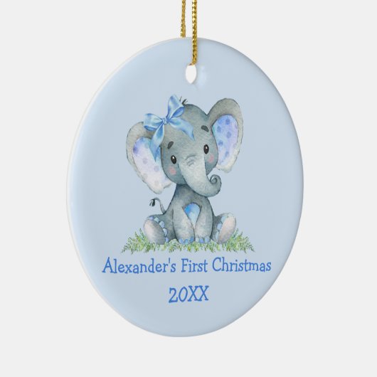 Baby eerste kerstWaterverf Elephant Blue Bow Keramisch Ornament (Rechts)