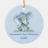 Baby eerste kerstWaterverf Elephant Blue Bow Keramisch Ornament (Voorkant)