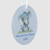 Baby eerste kerstWaterverf Elephant Blue Bow Ornament (voorkant)