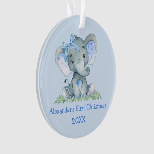 Baby eerste kerstWaterverf Elephant Blue Bow Ornament (voorkant)