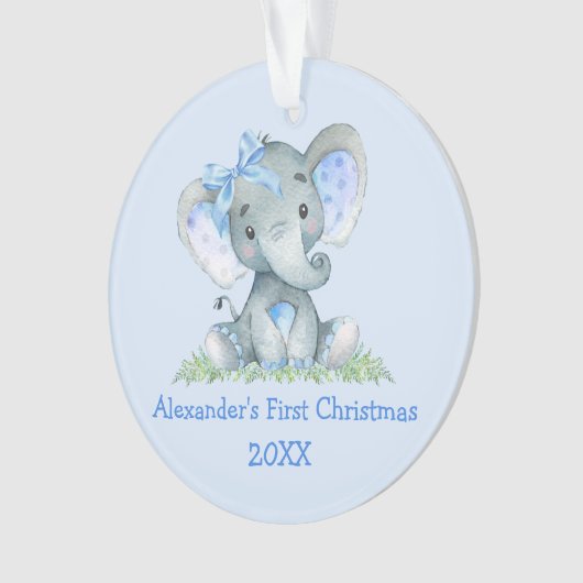 Baby eerste kerstWaterverf Elephant Blue Bow Ornament (voorkant)