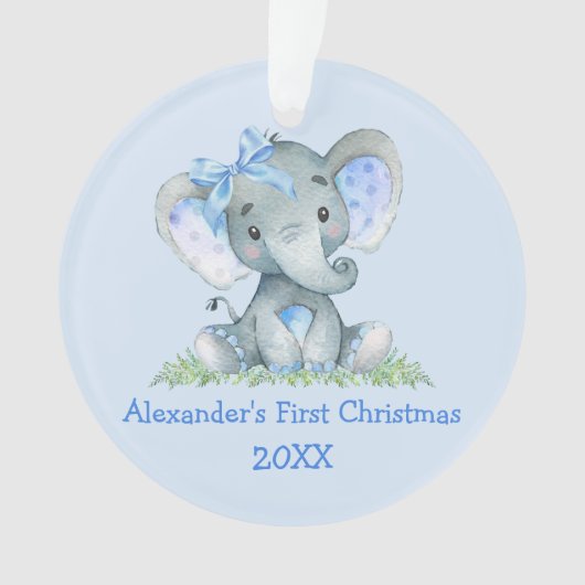 Baby eerste kerstWaterverf Elephant Blue Bow Ornament (voorkant)