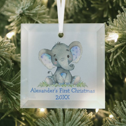 Baby eerste kerstWaterverf Elephant Blue Glas Ornament (Insitu)