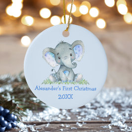Baby eerste kerstWaterverf Elephant Blue Keramisch Ornament