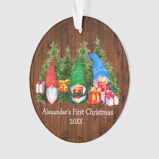 Baby eerste kerstWaterverf Gnomes Rustic Ornament (voorkant)