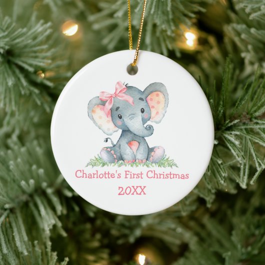 Baby eerste kerstWaterverf Roze olifant Bow Keramisch Ornament (Boom)