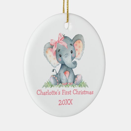 Baby eerste kerstWaterverf Roze olifant Bow Keramisch Ornament (Rechts)