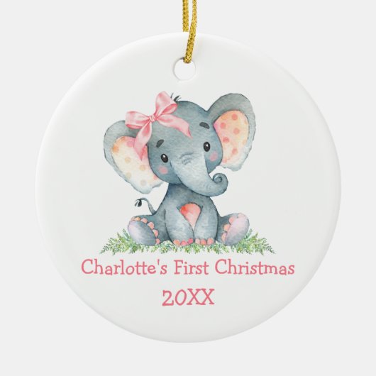 Baby eerste kerstWaterverf Roze olifant Bow Keramisch Ornament (Voorkant)