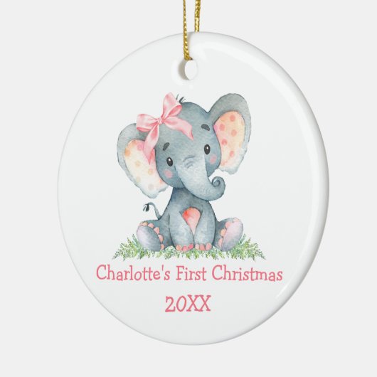 Baby eerste kerstWaterverf Roze olifant Bow Keramisch Ornament (Links)