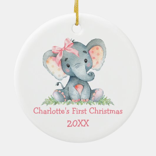 Baby eerste kerstWaterverf Roze olifant Bow Keramisch Ornament (Achterkant)