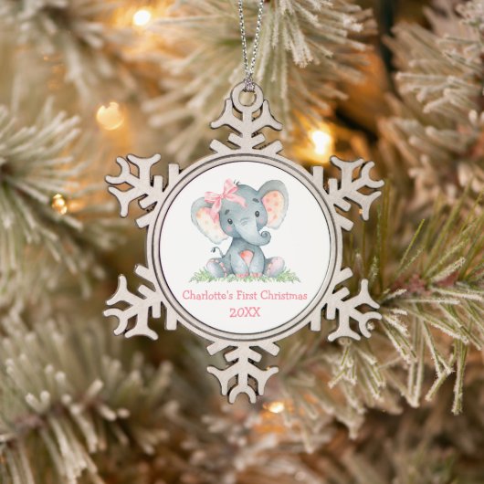 Baby eerste kerstWaterverf Roze olifant Bow Tin Sneeuwvlok Ornament (Boom)