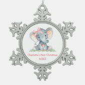 Baby eerste kerstWaterverf Roze olifant Bow Tin Sneeuwvlok Ornament (Voorkant)
