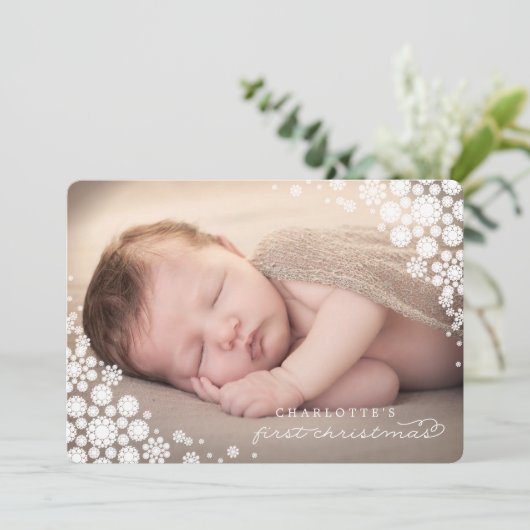 Baby Eerste kerstwinter Snowflakes Foto Birth Feestdagenkaart (Staand voorkant)