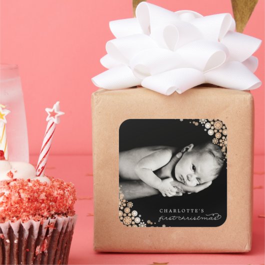 Baby Eerste kerstwinter Snowflakes Foto Birth Vierkante Sticker (Feest)