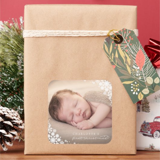 Baby Eerste kerstwinter Snowflakes Foto Birth Vierkante Sticker (Feestdagen)