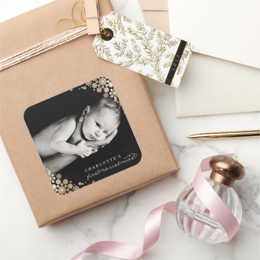 Baby Eerste kerstwinter Snowflakes Foto Birth Vierkante Sticker (Geschenken)