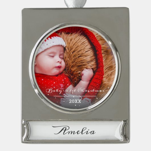 Baby eerste Ornament met kerstcadeauscript Verzilverd Banner Ornament (Voorkant)