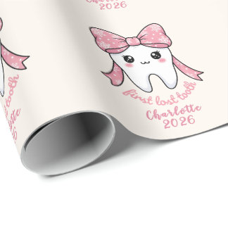 Baby Eerste Tand Roze Strik Mijlpaal Kawaii Tand Cadeaupapier