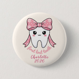Baby Eerste Tand Roze Strik Mijlpaal Kawaii Tand Ronde Button 5,7 Cm