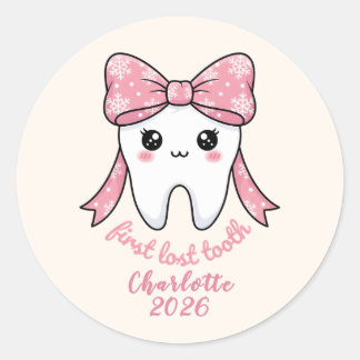 Baby Eerste Tand Roze Strik Mijlpaal Kawaii Tand Ronde Sticker