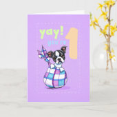 Baby eerste verjaardag 1 Boston Puppy Kaart (Gele Bloem)