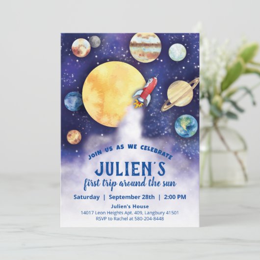 Baby Eerste verjaardagsfeestje Space Planet Uitnod Save The Date (Staand voorkant)