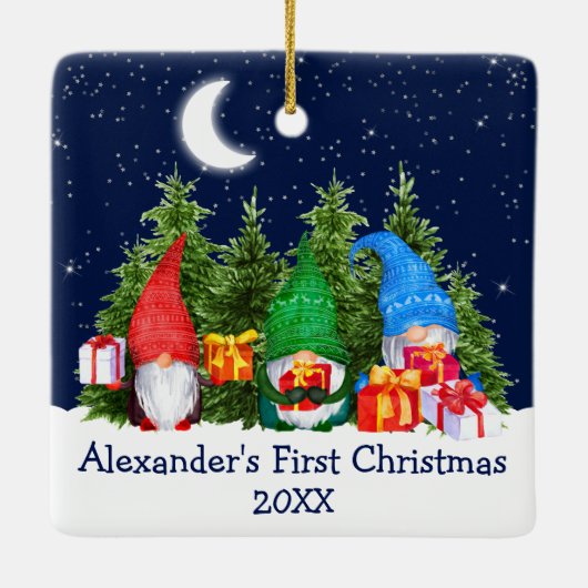 Baby Eerste Waterverf met kerstmis Gnomes Trees Keramisch Ornament (Achterkant)