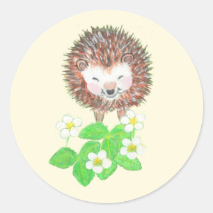 Baby Egel en wilde aardbeienbloemen Ronde Sticker