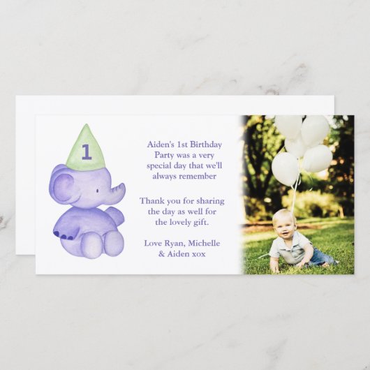Baby Elephant 1e verjaardag Dank u voor uw foto Bedankkaart (Voorkant / Achterkant)