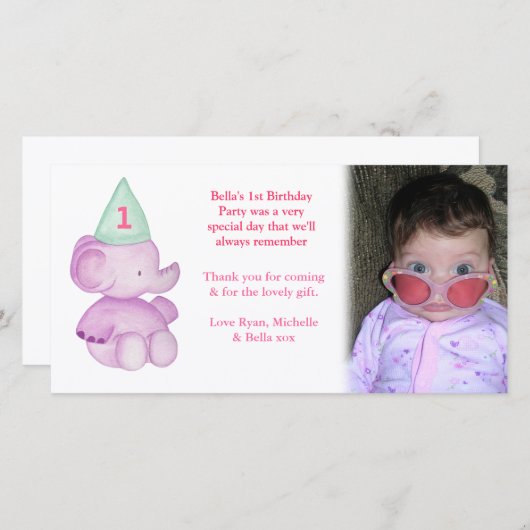 Baby Elephant 1e verjaardag Dank u voor uw foto Bedankkaart (Voorkant / Achterkant)