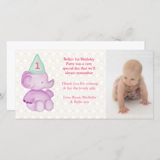 Baby Elephant 1e verjaardag Dank u wel Bedankkaart (Voorkant / Achterkant)