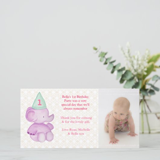 Baby Elephant 1e verjaardag Dank u wel Bedankkaart (Staand voorkant)