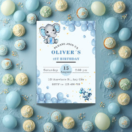 Baby Elephant 1st Birthday Invitation Boy Blue Kaart
