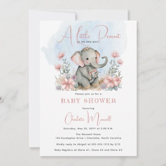 Baby Elephant A Little Peanut Girl Floral Shower Kaart (Voorkant)