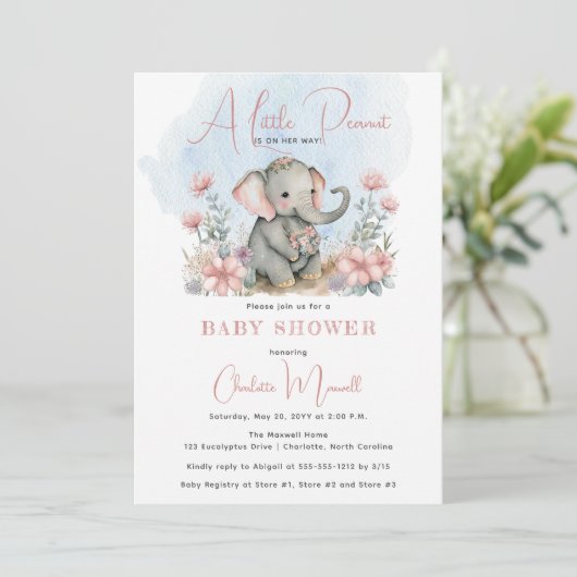 Baby Elephant A Little Peanut Girl Floral Shower Kaart (Staand voorkant)