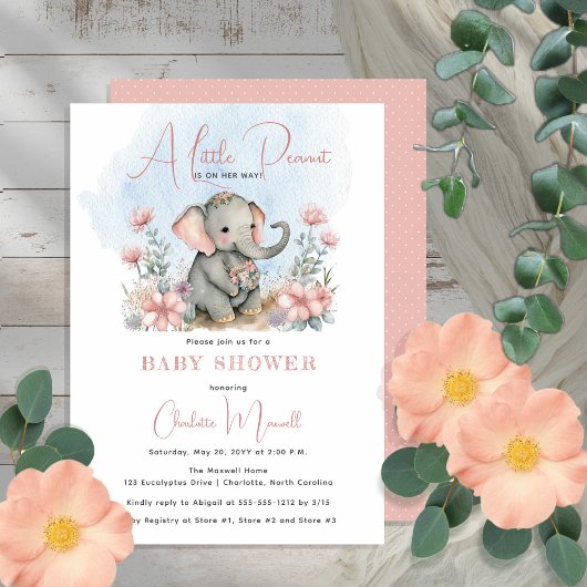 Baby Elephant A Little Peanut Girl Floral Shower Kaart