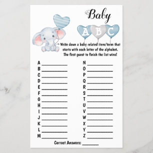 Baby Elephant ABC Baby shower Game Kaart