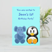Baby Elephant and Penguin Baby shower Invitation Kaart (Staand voorkant)