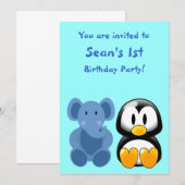 Baby Elephant and Penguin Baby shower Invitation Kaart (Voorkant / Achterkant)