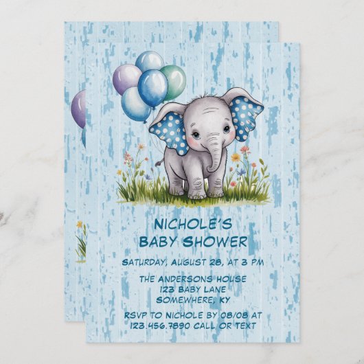 Baby Elephant and Wildflower Boy Baby shower Kaart (Voorkant / Achterkant)