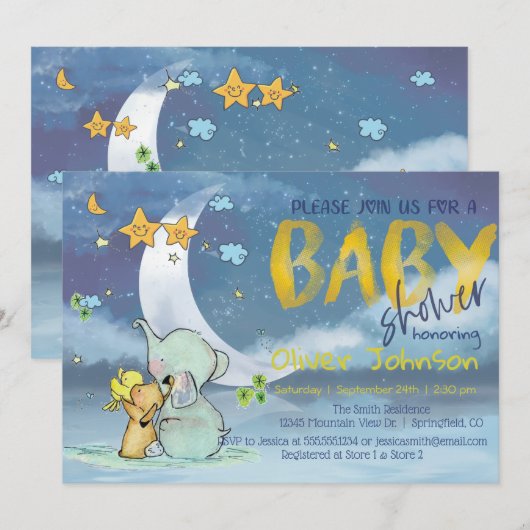 Baby Elephant Baby shower Boy Invitation Kaart (Voorkant / Achterkant)