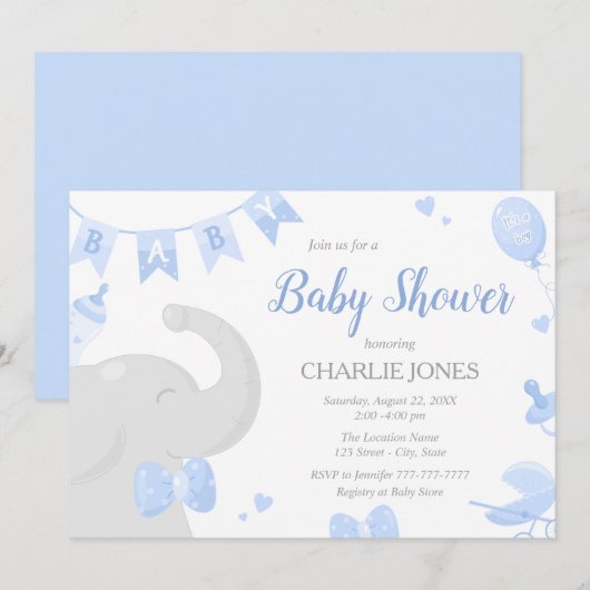 Baby Elephant Baby shower Boy Invitations Kaart (Voorkant / Achterkant)
