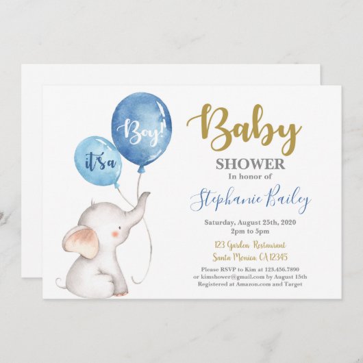 Baby Elephant Baby shower Boy Uitnodiging (Voorkant / Achterkant)
