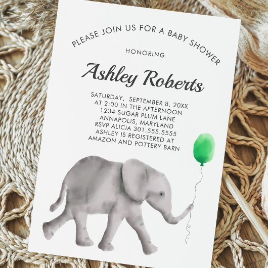 Baby Elephant Baby shower Invitation, Green & Grey Kaart