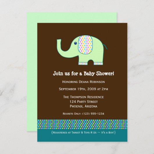 Baby Elephant Baby shower Invitation Uitnodiging Briefkaart (Voorkant / Achterkant)